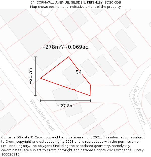 54, CORNWALL AVENUE, SILSDEN, KEIGHLEY, BD20 0DB: Plot and title map
