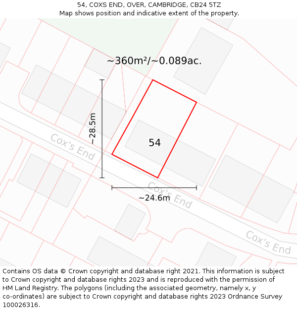 54, COXS END, OVER, CAMBRIDGE, CB24 5TZ: Plot and title map