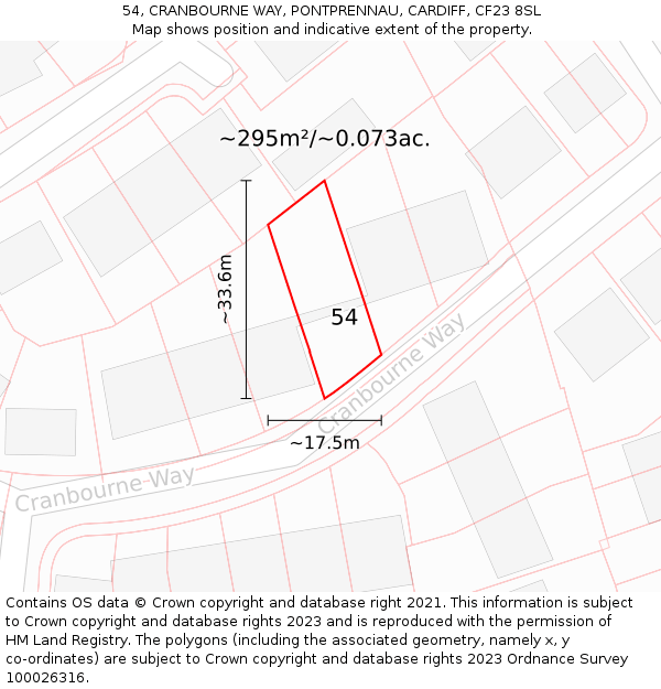 54, CRANBOURNE WAY, PONTPRENNAU, CARDIFF, CF23 8SL: Plot and title map