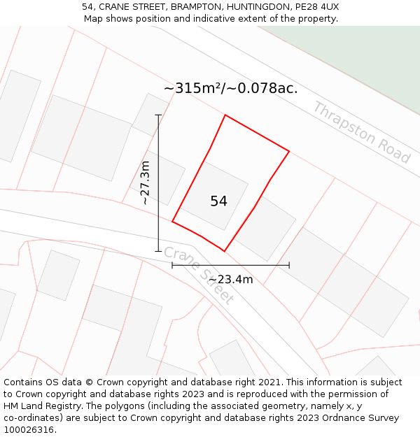 54, CRANE STREET, BRAMPTON, HUNTINGDON, PE28 4UX: Plot and title map