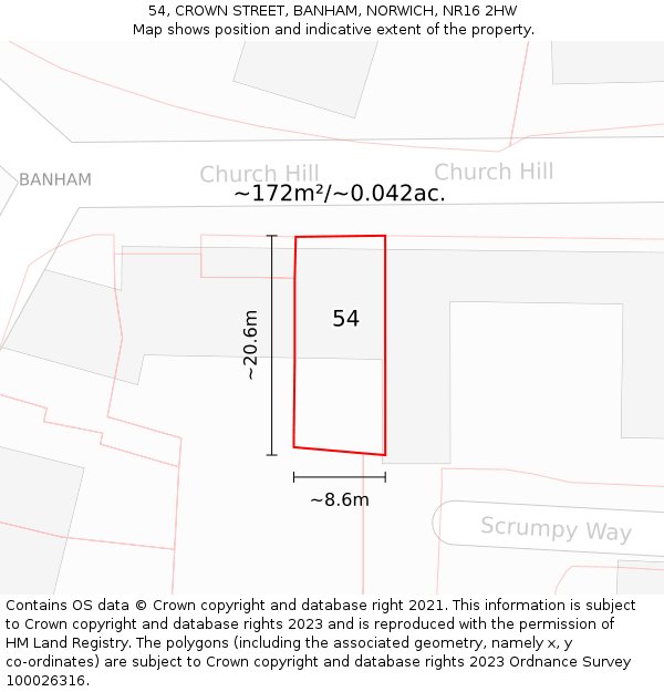 54, CROWN STREET, BANHAM, NORWICH, NR16 2HW: Plot and title map