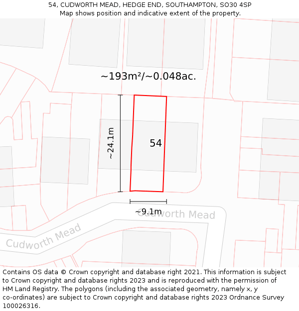 54, CUDWORTH MEAD, HEDGE END, SOUTHAMPTON, SO30 4SP: Plot and title map