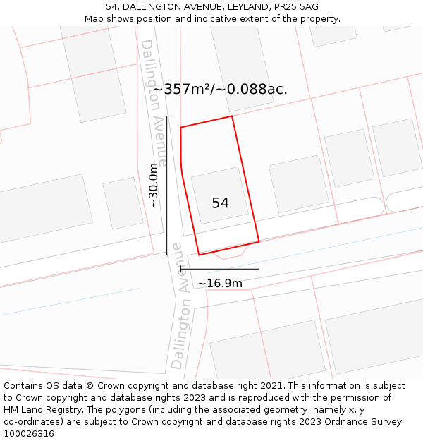 54, DALLINGTON AVENUE, LEYLAND, PR25 5AG: Plot and title map