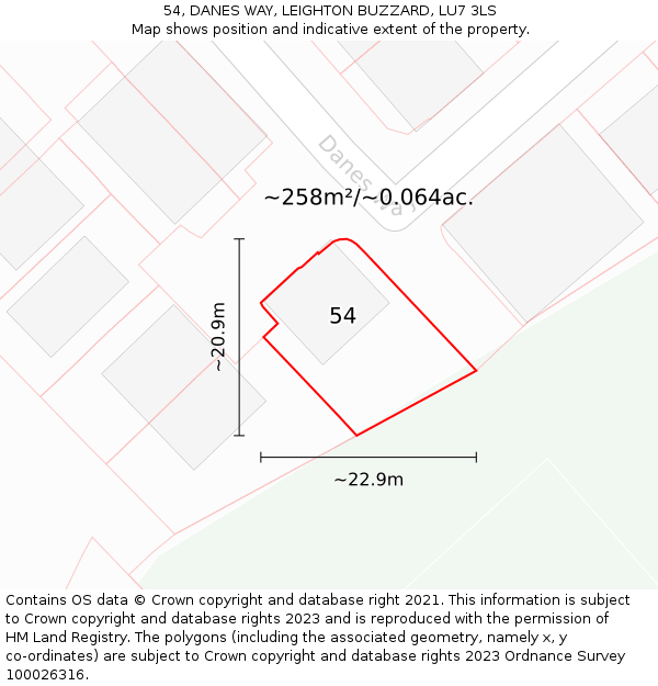 54, DANES WAY, LEIGHTON BUZZARD, LU7 3LS: Plot and title map