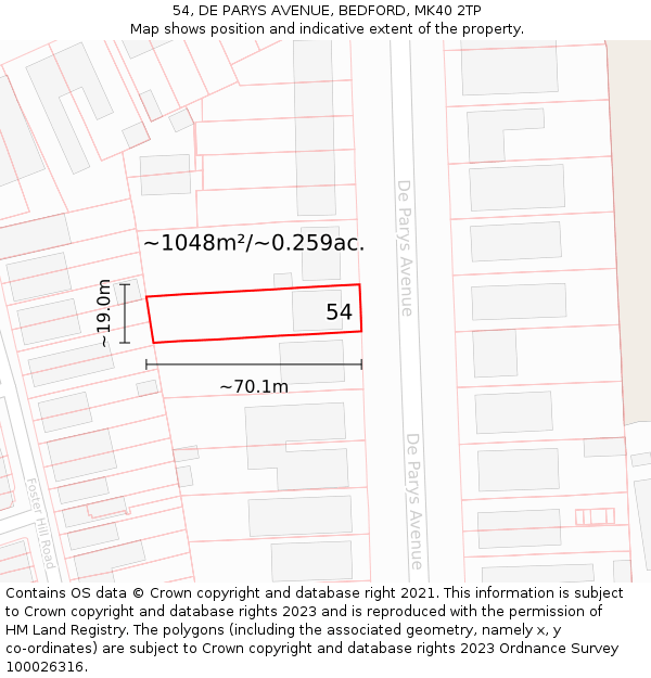54, DE PARYS AVENUE, BEDFORD, MK40 2TP: Plot and title map