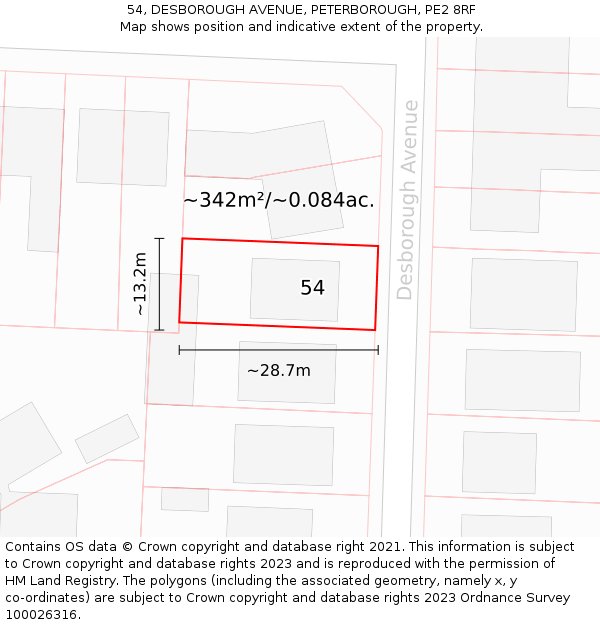 54, DESBOROUGH AVENUE, PETERBOROUGH, PE2 8RF: Plot and title map