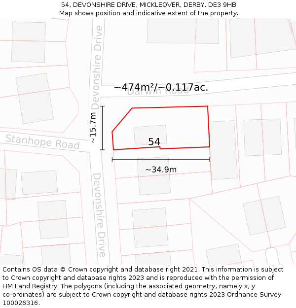 54, DEVONSHIRE DRIVE, MICKLEOVER, DERBY, DE3 9HB: Plot and title map