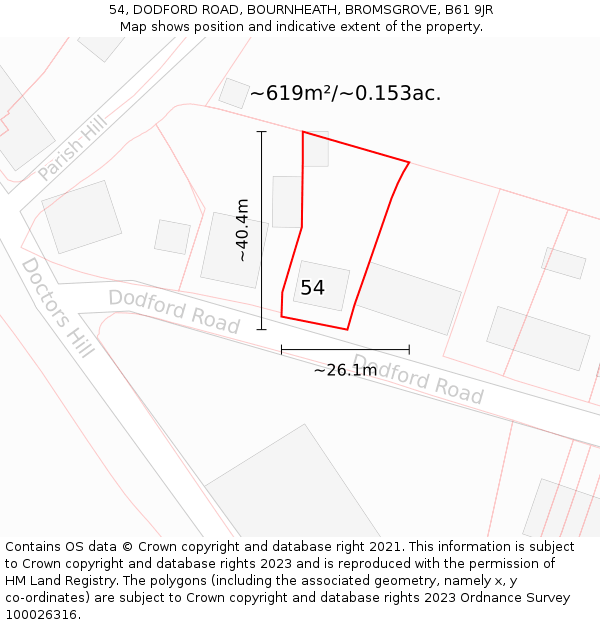 54, DODFORD ROAD, BOURNHEATH, BROMSGROVE, B61 9JR: Plot and title map