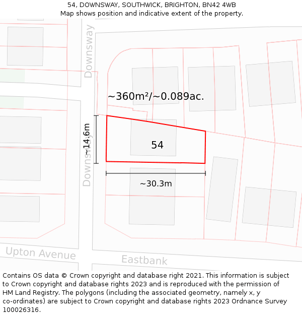 54, DOWNSWAY, SOUTHWICK, BRIGHTON, BN42 4WB: Plot and title map