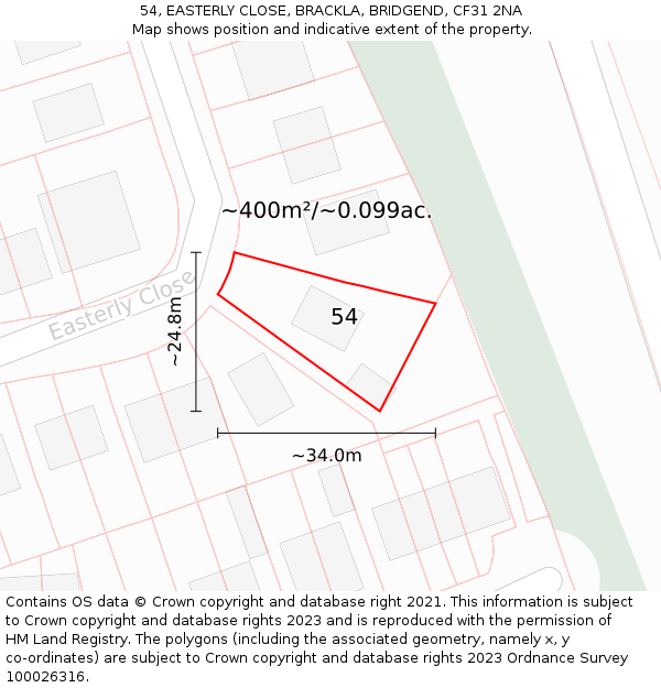 54, EASTERLY CLOSE, BRACKLA, BRIDGEND, CF31 2NA: Plot and title map