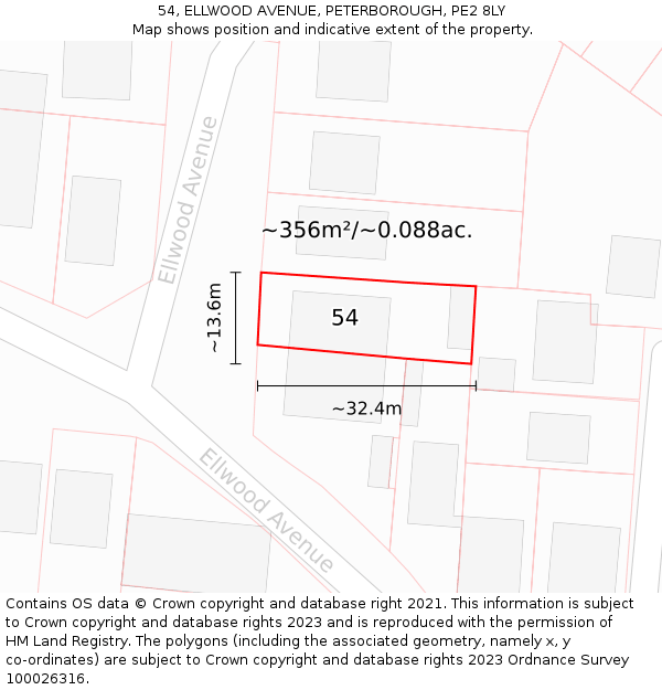 54, ELLWOOD AVENUE, PETERBOROUGH, PE2 8LY: Plot and title map