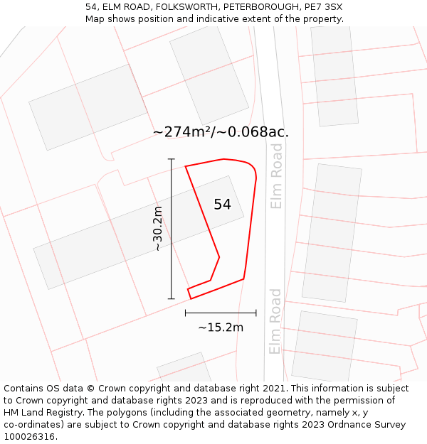 54, ELM ROAD, FOLKSWORTH, PETERBOROUGH, PE7 3SX: Plot and title map