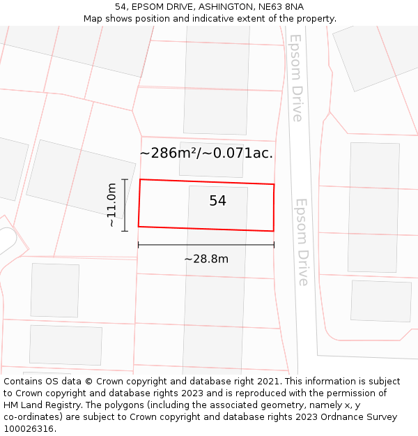 54, EPSOM DRIVE, ASHINGTON, NE63 8NA: Plot and title map