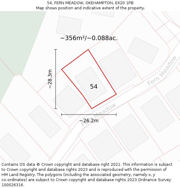 54, FERN MEADOW, OKEHAMPTON, EX20 1PB: Plot and title map