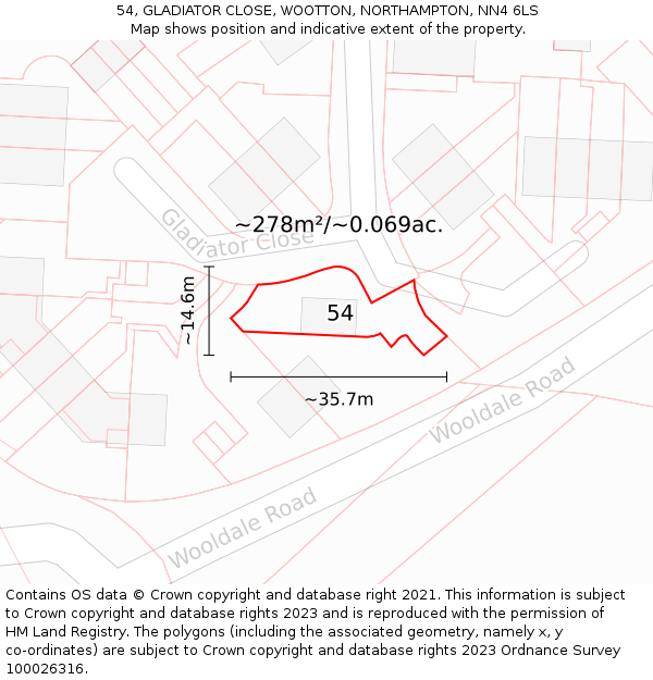 54, GLADIATOR CLOSE, WOOTTON, NORTHAMPTON, NN4 6LS: Plot and title map