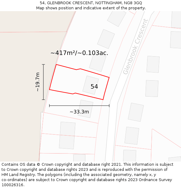 54, GLENBROOK CRESCENT, NOTTINGHAM, NG8 3GQ: Plot and title map