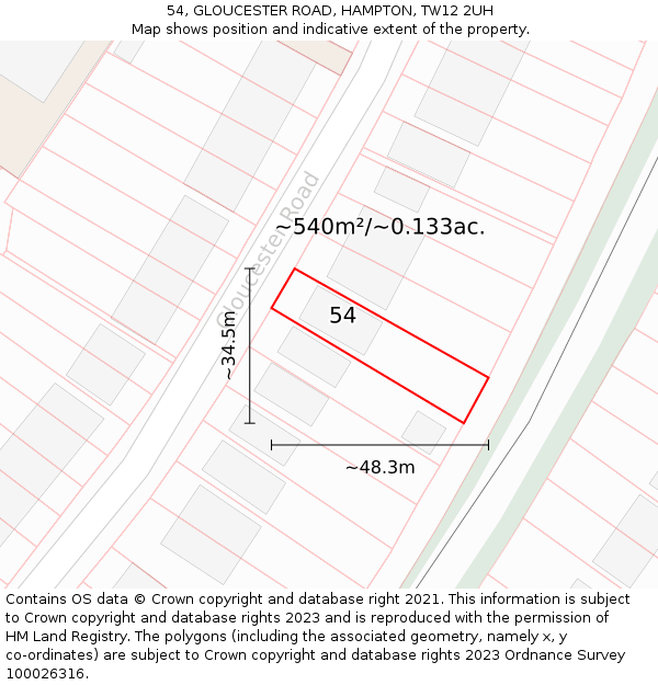 54, GLOUCESTER ROAD, HAMPTON, TW12 2UH: Plot and title map