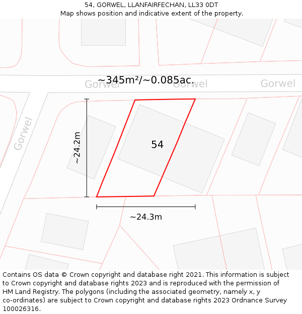54, GORWEL, LLANFAIRFECHAN, LL33 0DT: Plot and title map