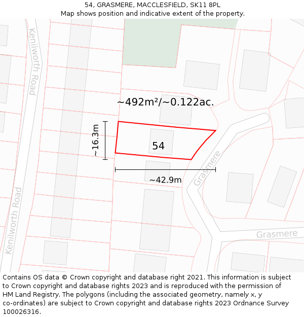 54, GRASMERE, MACCLESFIELD, SK11 8PL: Plot and title map