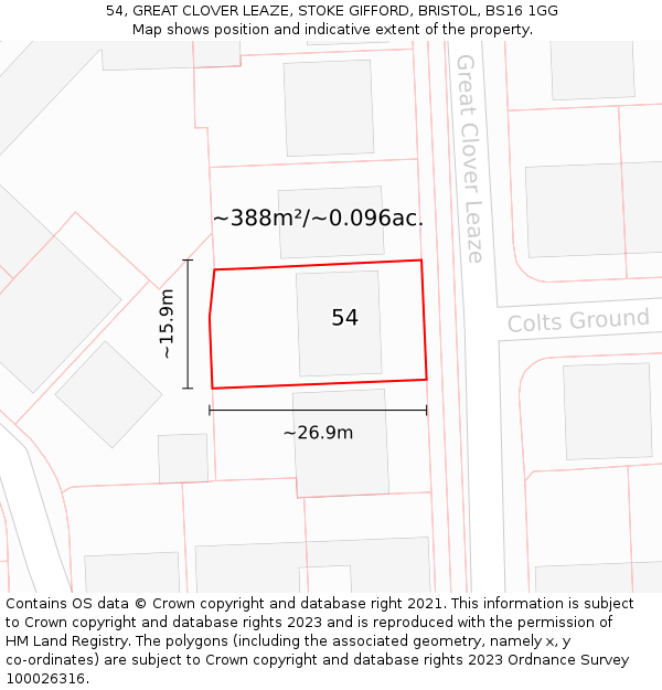 54, GREAT CLOVER LEAZE, STOKE GIFFORD, BRISTOL, BS16 1GG: Plot and title map