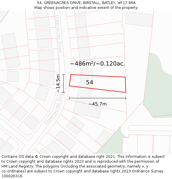 54, GREENACRES DRIVE, BIRSTALL, BATLEY, WF17 9RA: Plot and title map