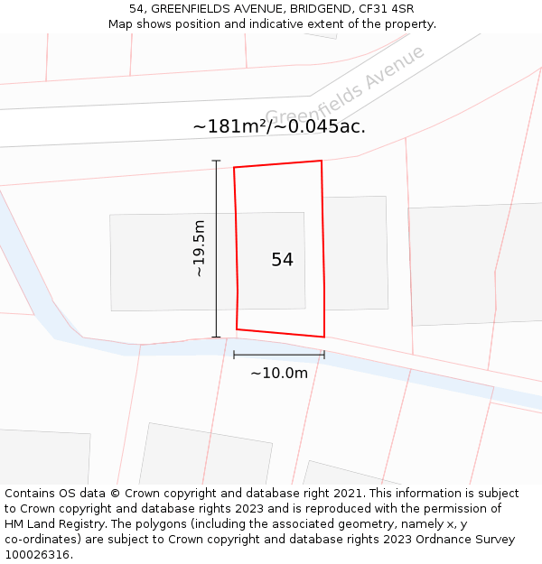 54, GREENFIELDS AVENUE, BRIDGEND, CF31 4SR: Plot and title map