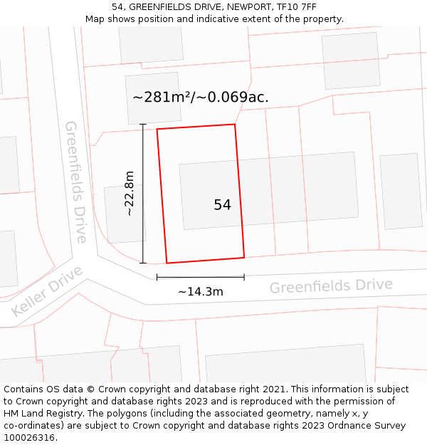 54, GREENFIELDS DRIVE, NEWPORT, TF10 7FF: Plot and title map