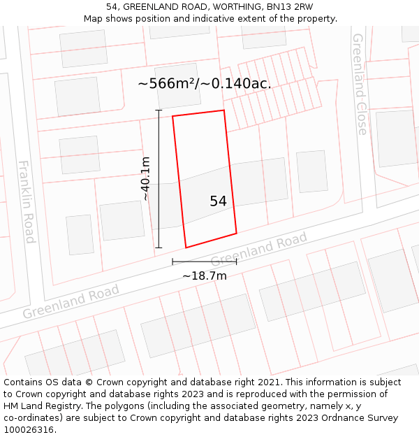 54, GREENLAND ROAD, WORTHING, BN13 2RW: Plot and title map