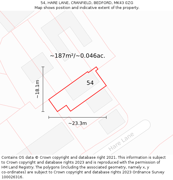 54, HARE LANE, CRANFIELD, BEDFORD, MK43 0ZG: Plot and title map