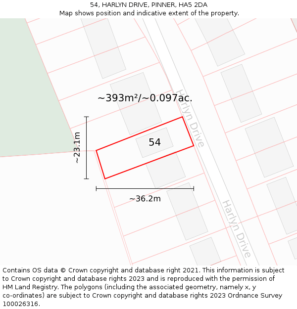 54, HARLYN DRIVE, PINNER, HA5 2DA: Plot and title map