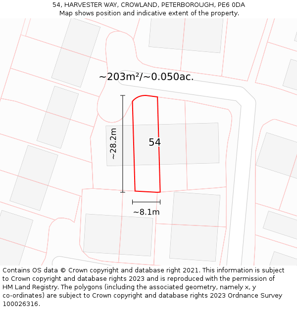 54, HARVESTER WAY, CROWLAND, PETERBOROUGH, PE6 0DA: Plot and title map