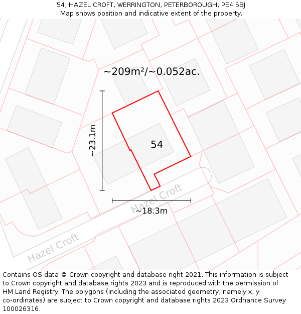 54, HAZEL CROFT, WERRINGTON, PETERBOROUGH, PE4 5BJ: Plot and title map