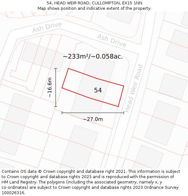 54, HEAD WEIR ROAD, CULLOMPTON, EX15 1NN: Plot and title map