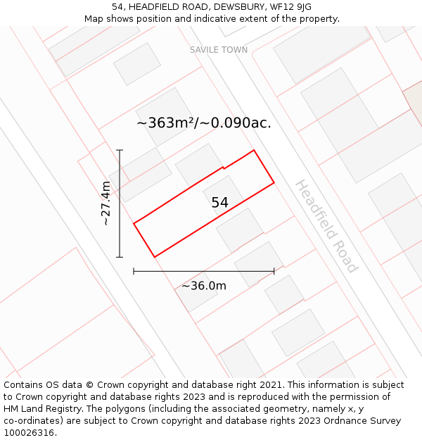54, HEADFIELD ROAD, DEWSBURY, WF12 9JG: Plot and title map