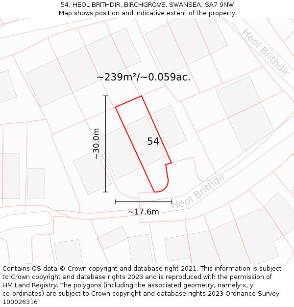54, HEOL BRITHDIR, BIRCHGROVE, SWANSEA, SA7 9NW: Plot and title map