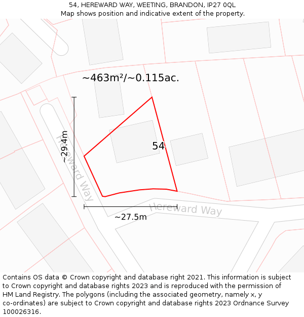 54, HEREWARD WAY, WEETING, BRANDON, IP27 0QL: Plot and title map