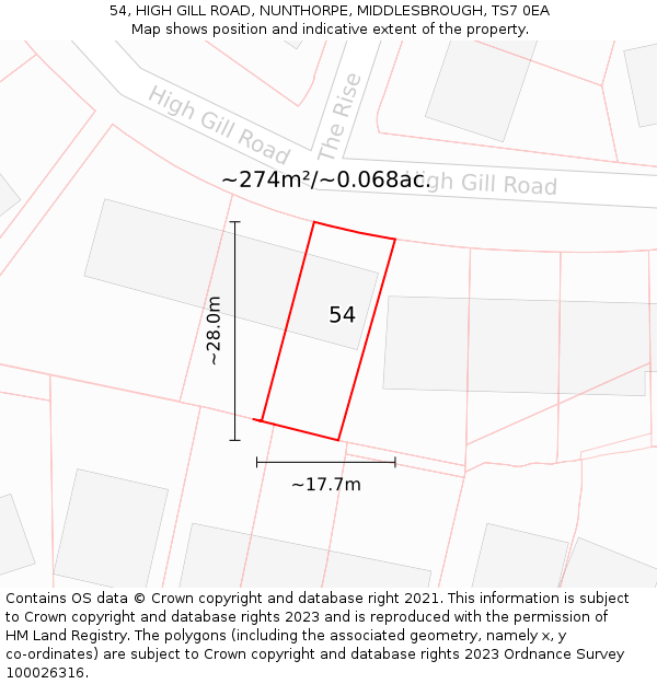 54, HIGH GILL ROAD, NUNTHORPE, MIDDLESBROUGH, TS7 0EA: Plot and title map