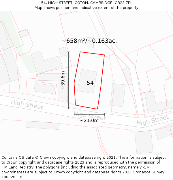 54, HIGH STREET, COTON, CAMBRIDGE, CB23 7PL: Plot and title map