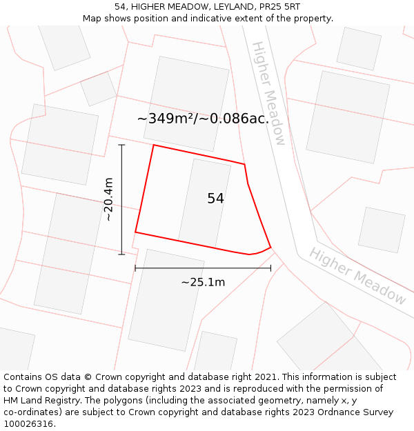 54, HIGHER MEADOW, LEYLAND, PR25 5RT: Plot and title map