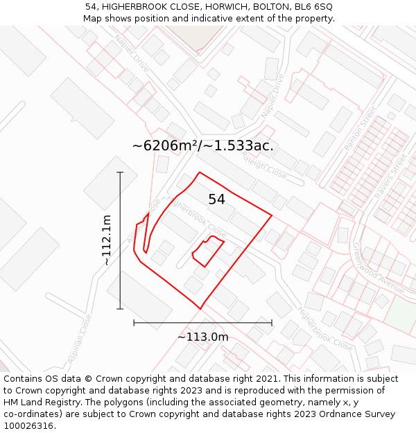 54, HIGHERBROOK CLOSE, HORWICH, BOLTON, BL6 6SQ: Plot and title map