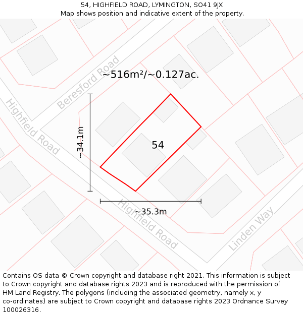 54, HIGHFIELD ROAD, LYMINGTON, SO41 9JX: Plot and title map