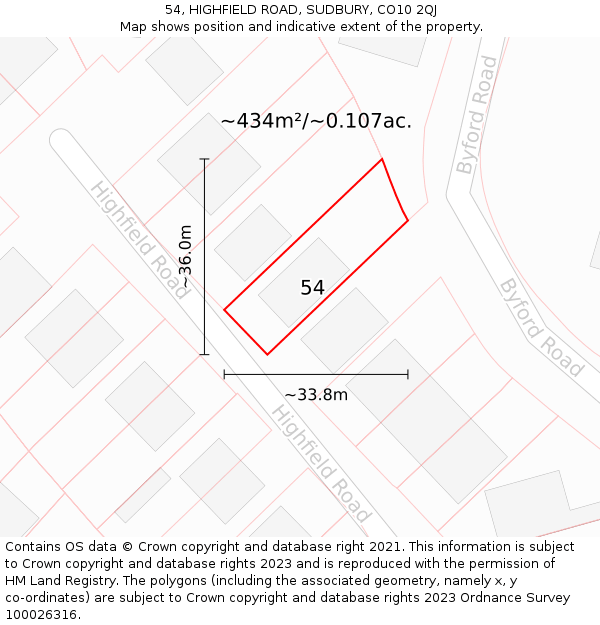 54, HIGHFIELD ROAD, SUDBURY, CO10 2QJ: Plot and title map