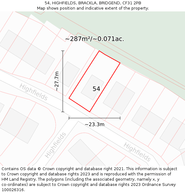54, HIGHFIELDS, BRACKLA, BRIDGEND, CF31 2PB: Plot and title map