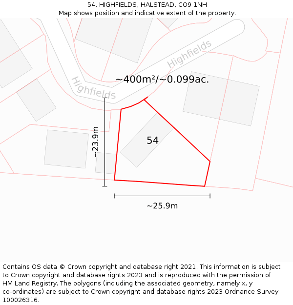 54, HIGHFIELDS, HALSTEAD, CO9 1NH: Plot and title map