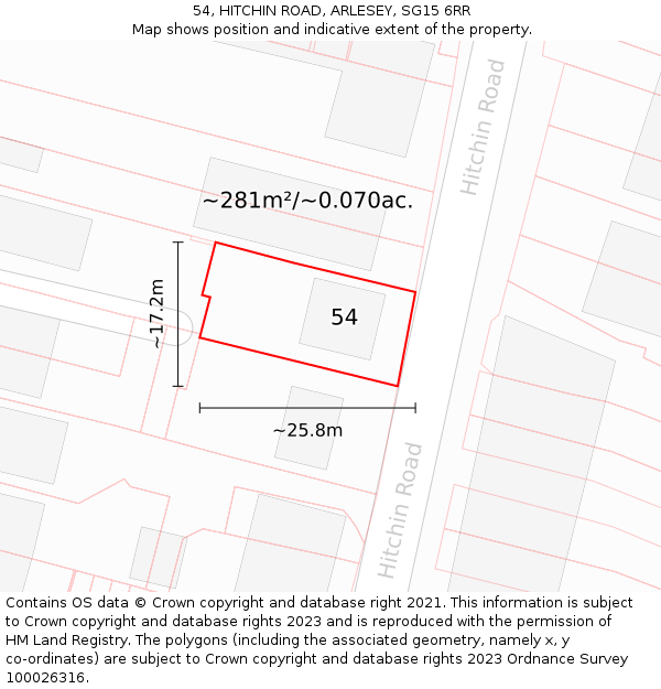 54, HITCHIN ROAD, ARLESEY, SG15 6RR: Plot and title map