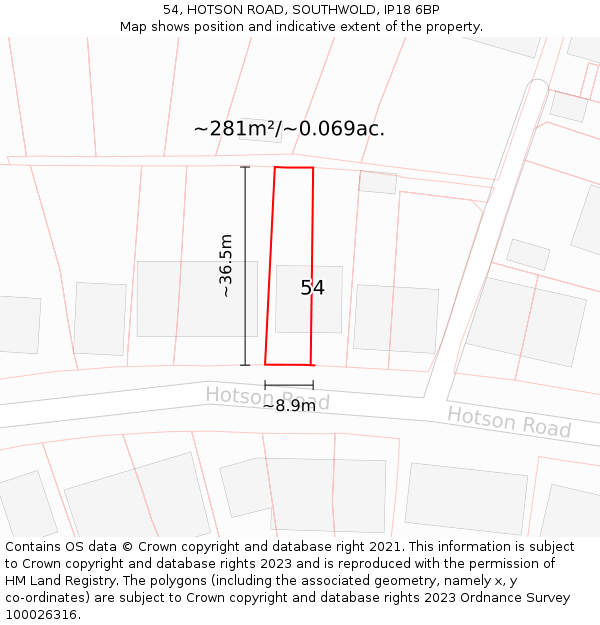 54, HOTSON ROAD, SOUTHWOLD, IP18 6BP: Plot and title map