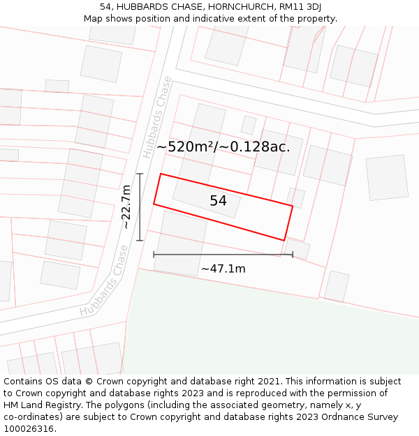 54, HUBBARDS CHASE, HORNCHURCH, RM11 3DJ: Plot and title map