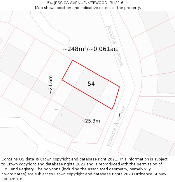 54, JESSICA AVENUE, VERWOOD, BH31 6LH: Plot and title map