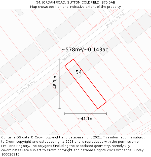 54, JORDAN ROAD, SUTTON COLDFIELD, B75 5AB: Plot and title map