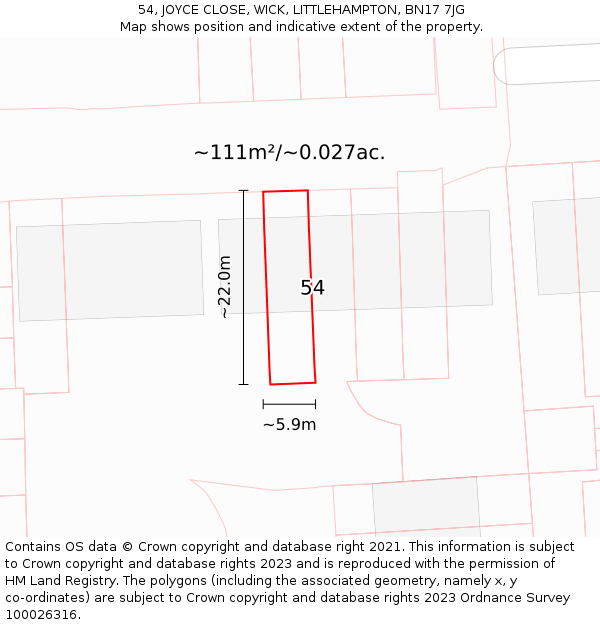 54, JOYCE CLOSE, WICK, LITTLEHAMPTON, BN17 7JG: Plot and title map